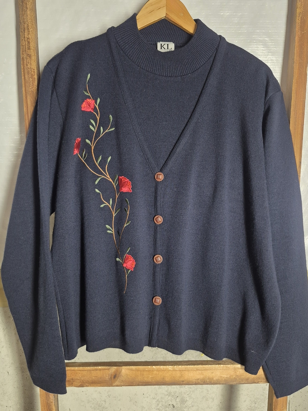 KL Collection Navy Cardigan with Red Rose Embroidery